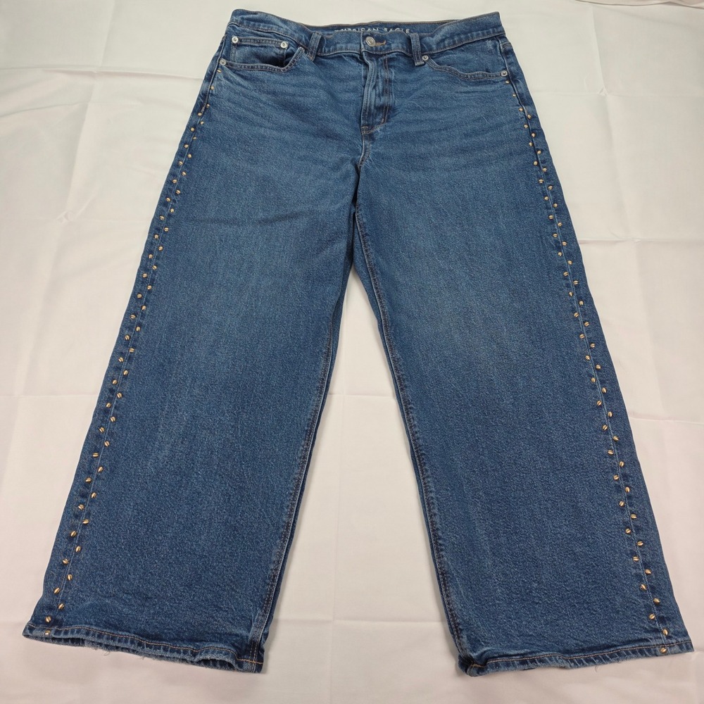 American Eagle Studded Wide‎ Leg Jeans Womens 12 Short Medium Wash Stretch Denim